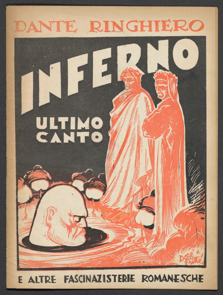 A book cover of Dante and Virgil in Hell next to Mussolini neck-deep in shit(?), and a circle of shitting butts around him. 