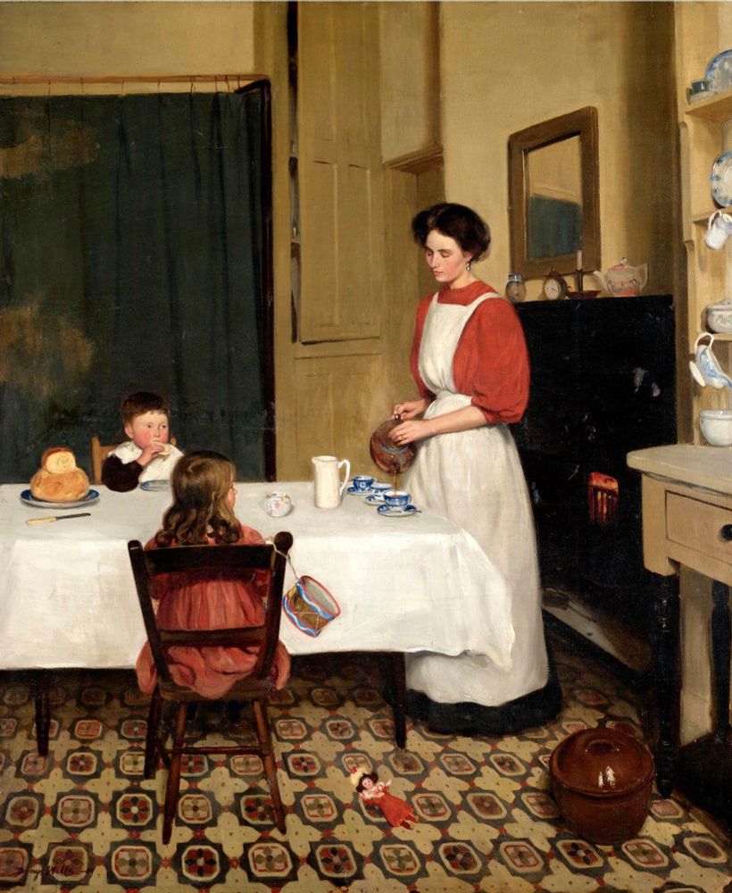 An interior with two children seated at a table as a mother or nanny(?) serves them snacks, including a cottage loaf. Various ceramic wares and toys are visible along the walls and on the floor
