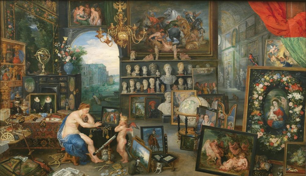 "This set of paintings on the five senses was one of the most successful collaborations of Peter Paul Rubens and Jan Brueghel “the Elder”. Rubens placed his figures in the magnificent courtly scenes created by Brueghel as settings for these allegories of the senses, resulting in a series of enormous quality and esthetic appeal. The subject was widely employed in Flemish painting. Sight was considered the most important of the senses since the time of Aristotle. Here, Cupid shows Venus a painting on a Christian theme. The Healing of the Blind Man, which alludes to the recovery of sight through one of Christ´s miracles and thus touches on both physical and spiritual vision. The presence of a canvas with "Saint Cecilia", a copy of Raphael´s original, alongside some Roman busts, recalls the soul´s introspective vision, an image of chastity and virtue. Jan Brueghel was a protégé of the Archdukes Alberto and Isabel Clara Eugenia, and in this work he includes their portraits and a view of their Palace at Mariemont. This work is signed on a paper close to the goddess´s seat." -Museo del Prado