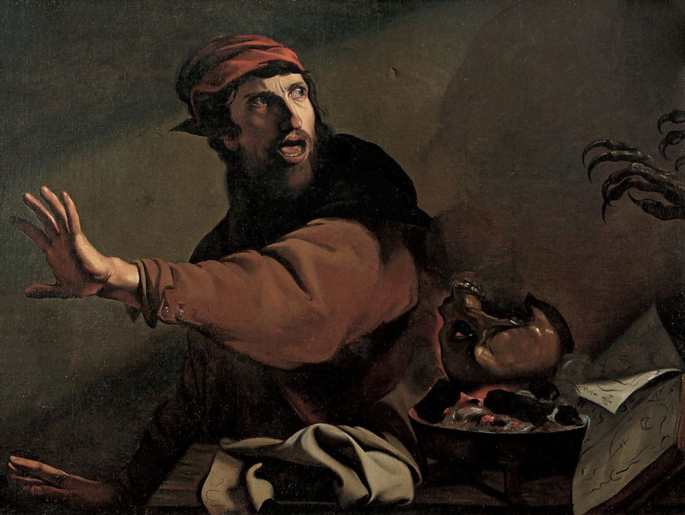 A painting of a man doing an incantation with a skull over coals and a book of magical symbols, he recoils in terror as a pair of demonic claws appears on the right