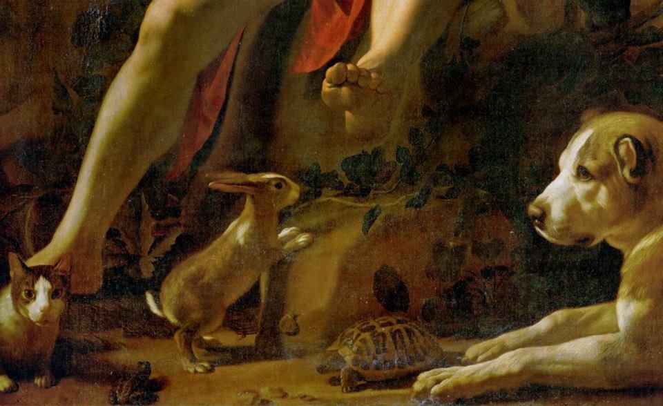 Detail of a painting showing a cat, a rabbit, a turtle, and a dog at the feet of mythical musician Orpheus