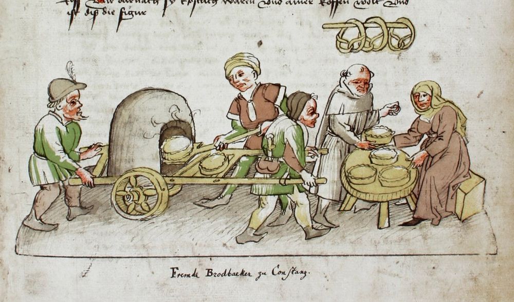 A drawing of a mobile oven with people preparing and baking pies and pretzels(?) hanging from the wall