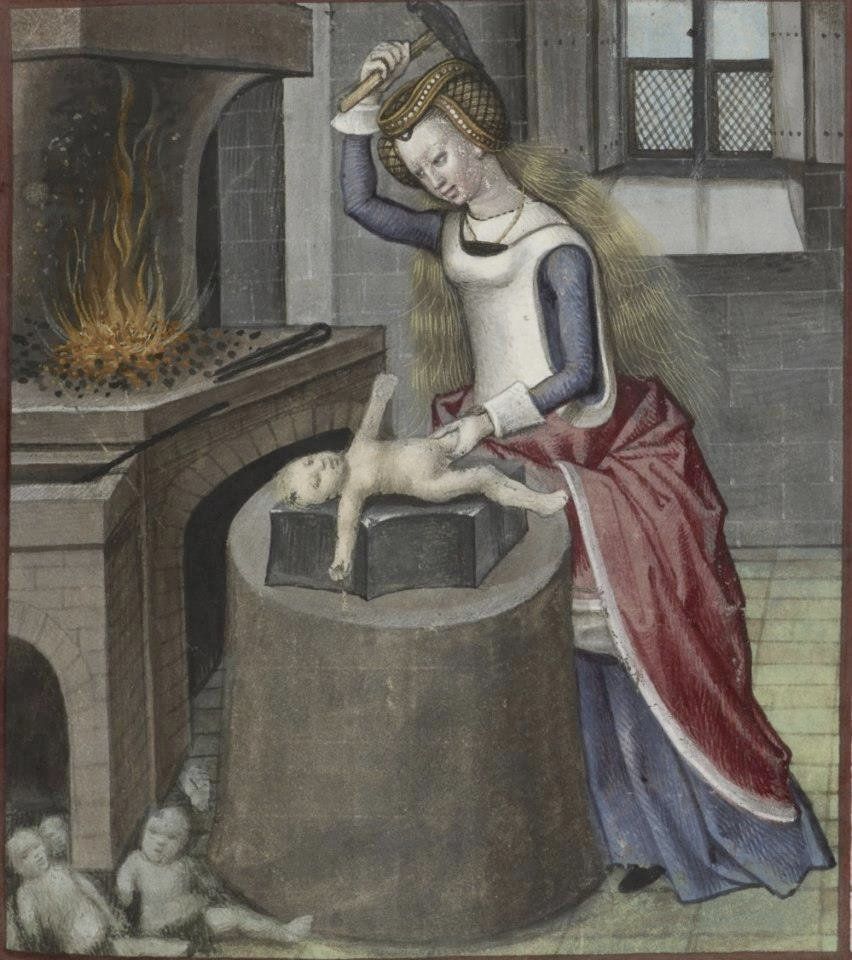 An illumination of a woman in a dress at a forge with a hammer, with a baby on the anvil. In the background is a fire and on the floor are various unfinished babies