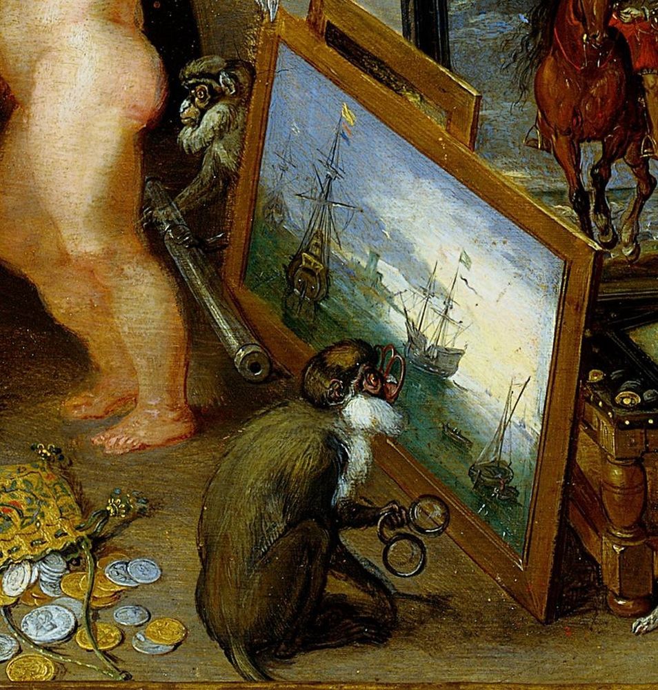 A detail of a painting showing a monkey holding spectacles looking at a painting of ships. Another monkey, halfway hidden behind the painting, holds a telescope and peers out at Cupid's bum(?). A bag of coins spills out on the floor