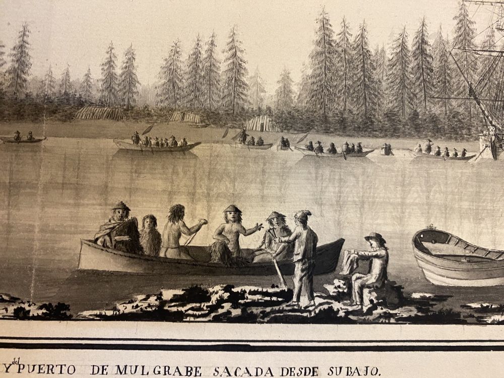 Detail of drawing by José Cardero, 1791, showing Nuu-chah-nulth (Nootka) people in canoes and on land in Port Mulgrave, Yakutat Bay, Alaska