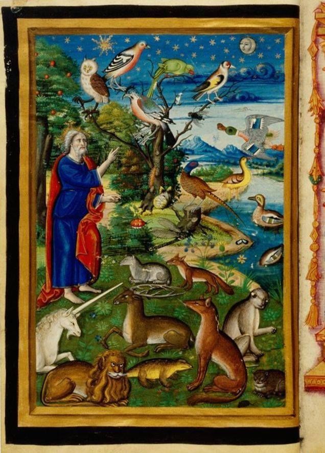 A richly colored painting of God, in human form, standing on the grass, surrounded by a variety of birds and animals (including a unicorn) 