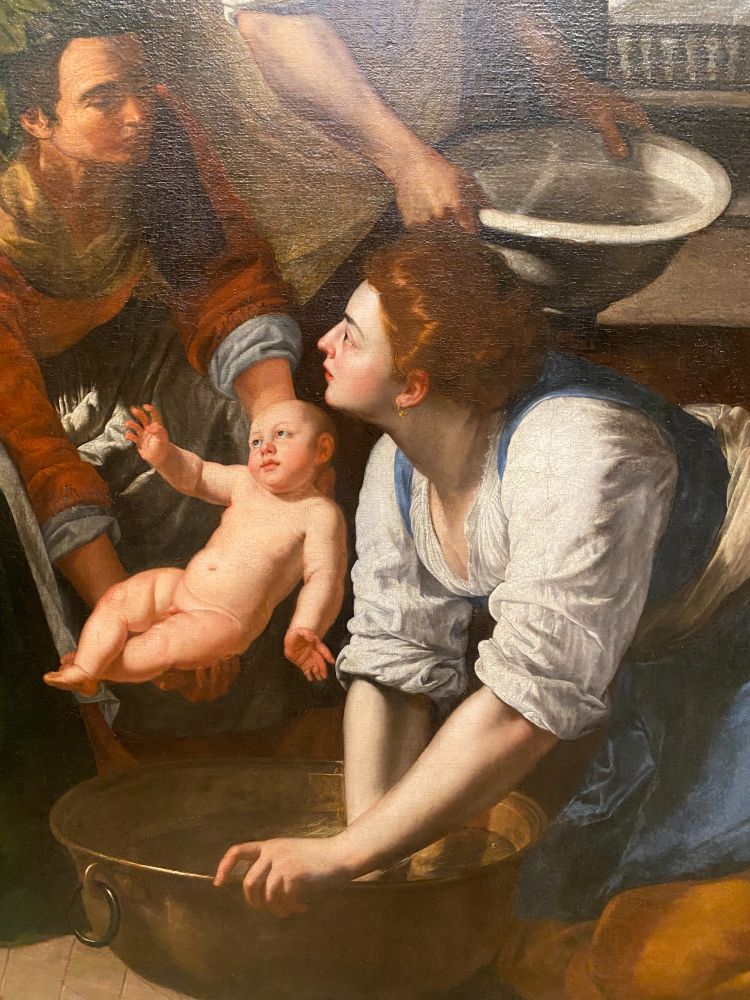 Three midwives prepare a bath in a copper basin for newborn St. John