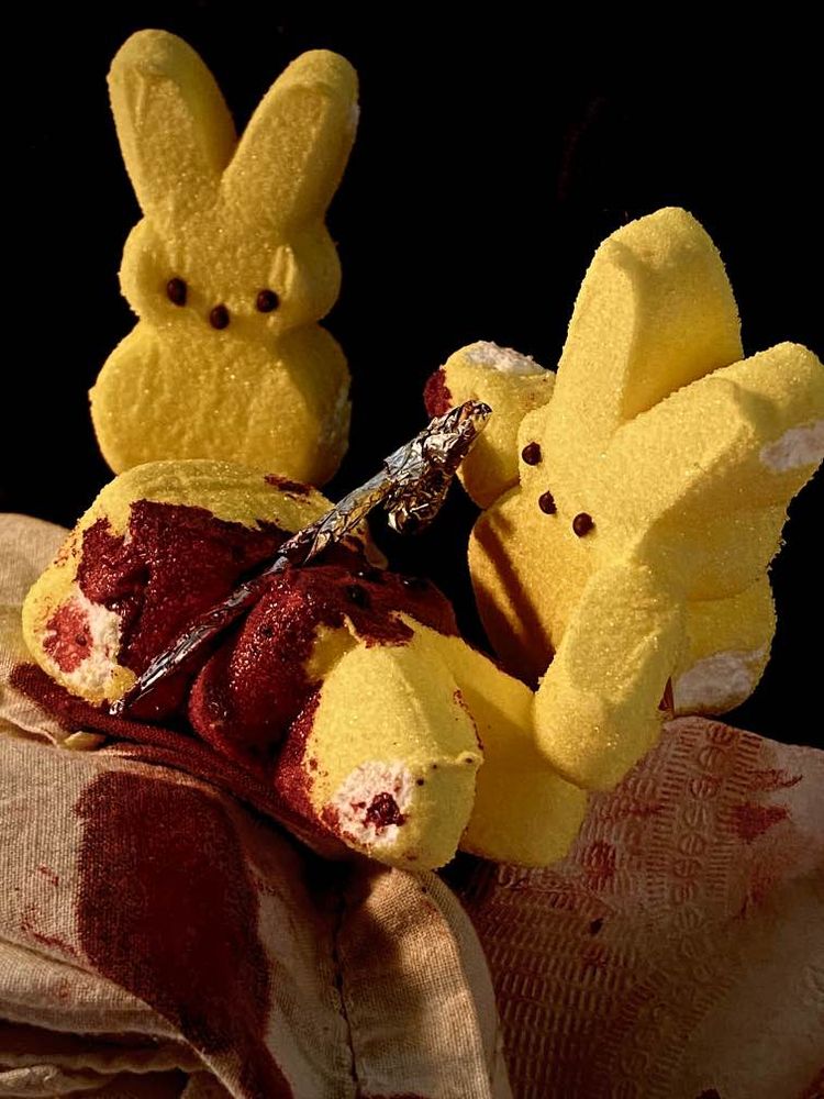 Marshmallow bunny Judith and her marshmallow bunny maidservant Abra mercilessly decapitate the marshmallow bunny Assyrian general Holofernes.
