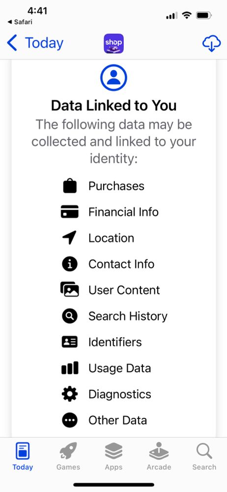 Screen shot terms (one page of many) regarding data the Shopify App harvests from users. 