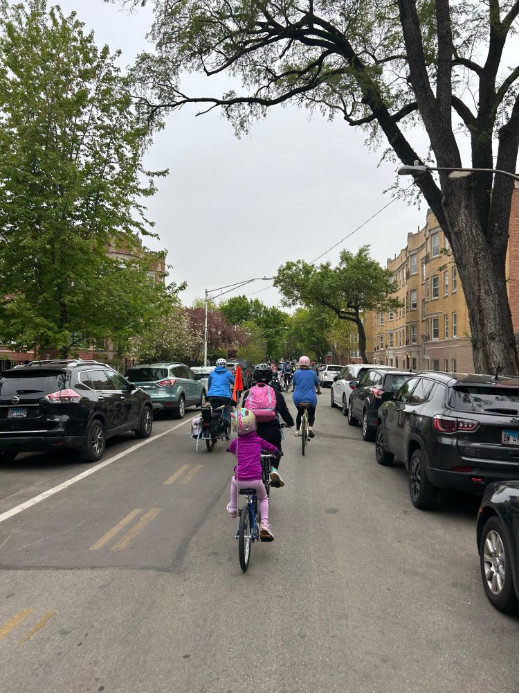 Kids and parents ride down the street