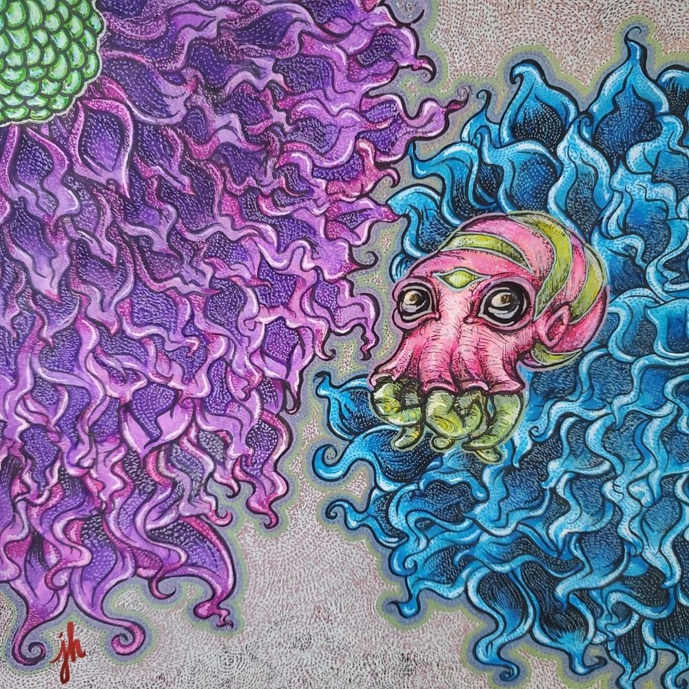 A traditional drawing of a mutant cuttlefish sort of creature. The body is small and round at the back, magenta at its base and striped with bright green. The six curled tentacles protruding from the front are the same bright green. The cuttlefish's eyes are black and glossy, deep in thought. There is a valve on the left side of their head (our right). The background is grey with seemingly countless black and purple dots, which give it a grain texture. On the left side is a large patch of purple and pink ombre flowers, squiggly in shape and dotted like the background. On the right side is the same, but in shades of blue.