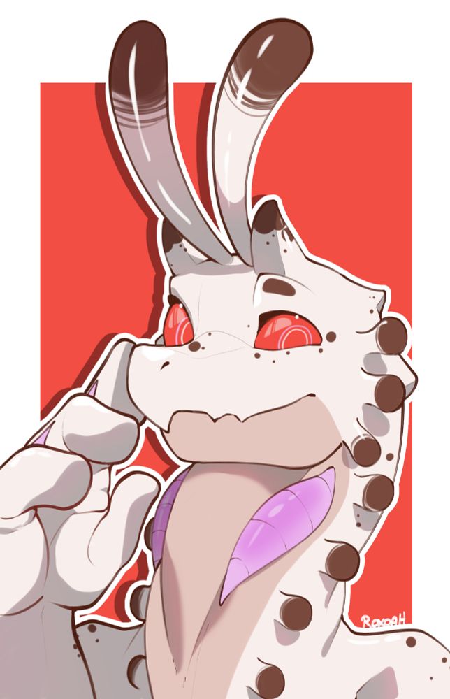 a bust up drawing for pixel_ghost of their lizard character. they're white with brown spots