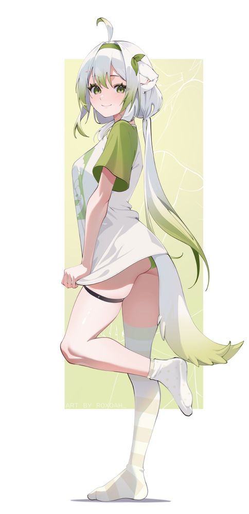 a fullbody drawing of Laimu [laimulicious/limealicious], a ferret vtuber. her character has white hair with slight green gradients on the hair edges. she's only wearing a shirt and one long sock and a short sock, standing with her back towards the camera while facing it with a gentle smile. 