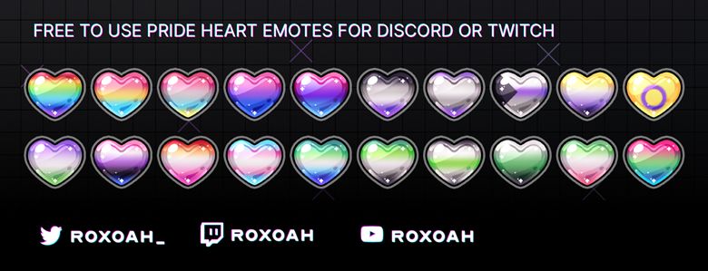 an array of shiny heart emotes, with pride flags on them such as lesbian, intersex, trans, polysexual etc.