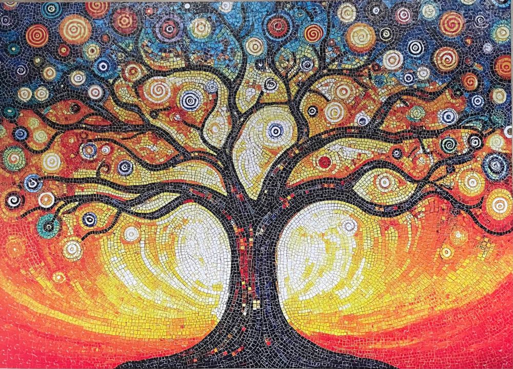 “Mosaic Tree of Life” 1000-piece jigsaw puzzle centers a black tree with sinewy branches on a glowing background of white, yellow, and red. Colorful orbs with spiral or bullseye designs are interspersed among the branches.