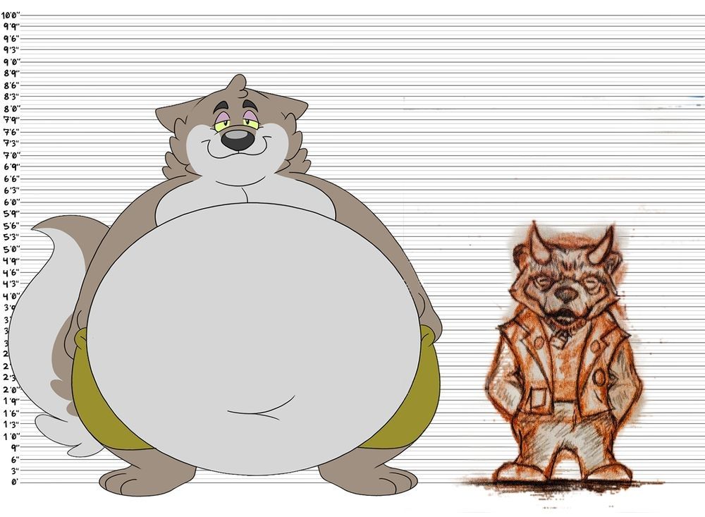 Big "Bad" Rufus standing next to a sketch of a comparably small punk rocker wolverine named Wes.