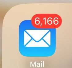 A screenshot of the mail app icon for  iOS with a popup indicating there are 6166 unread emails.