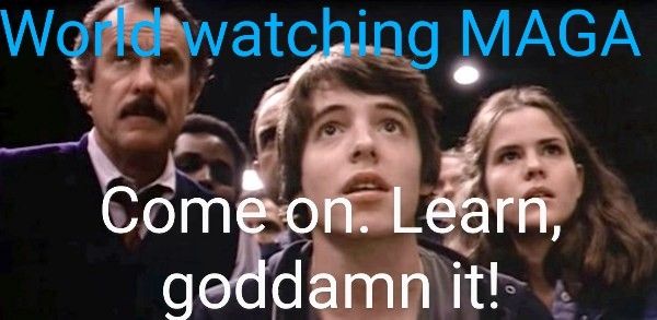 Scene from the mivie War Games Text: World watching MAGA 