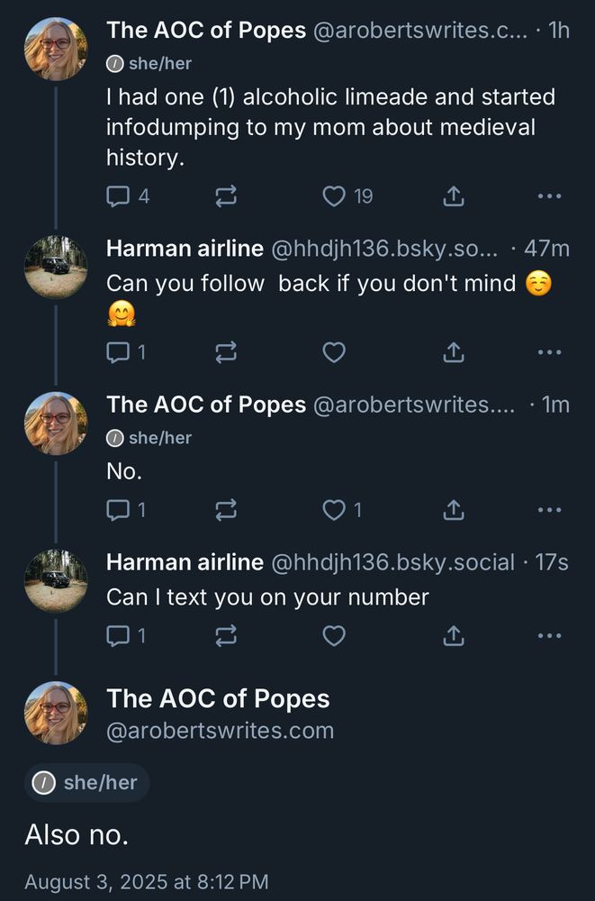 Post by me: I had one (1) alcoholic limeade and started infodumping to my mom about medieval history.

Reply by Harman airline: Can you follow back if you don't mind.

Reply by me: No.

Reply by Harman airline: Can I text you on your number.

Reply by me:  Also no.
