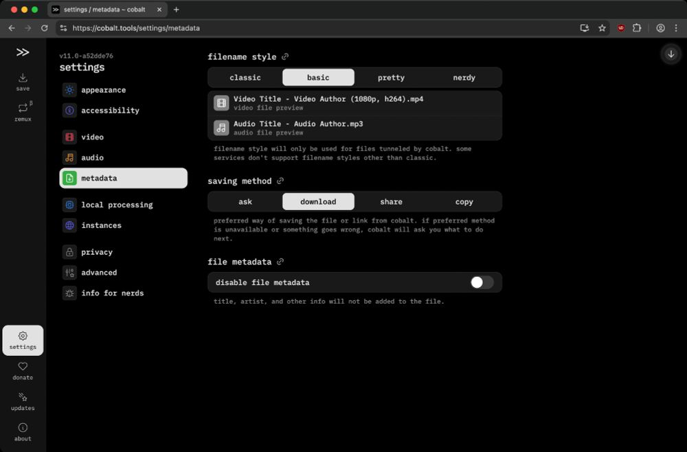 screenshot of cobalt's settings page