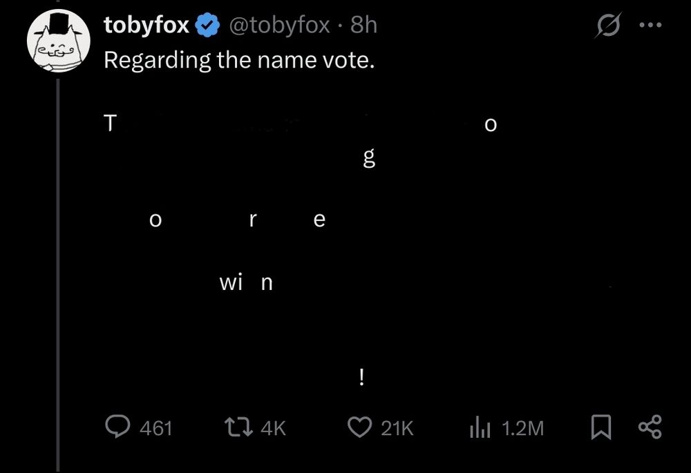 tobyfox twitter saying "Regarding the name vote. Togore win !"