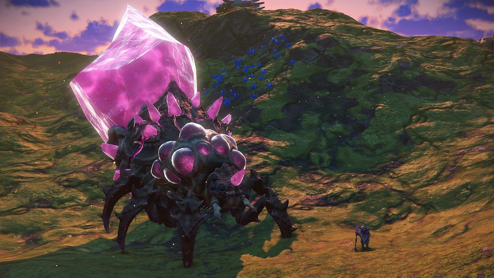 A screenshot from No Man’s Sky. Side by side is a traveler (player character) and a giant insect-like creature with magenta crystals covering parts of its body. 