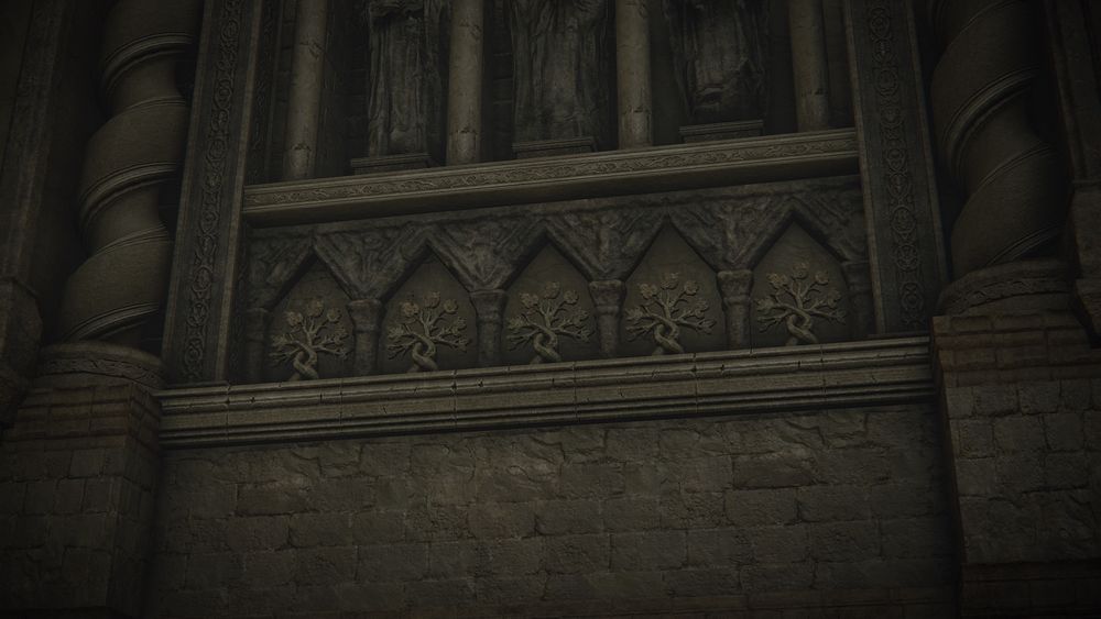 Relief of spiral trees depicted in the Theatre of the Divine Beast in Belurat, Tower Settlement in the video game Elden Ring.