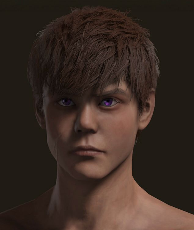 Screenshot of the character editor in Elden Ring. Pictured is a purple-eyed human. 