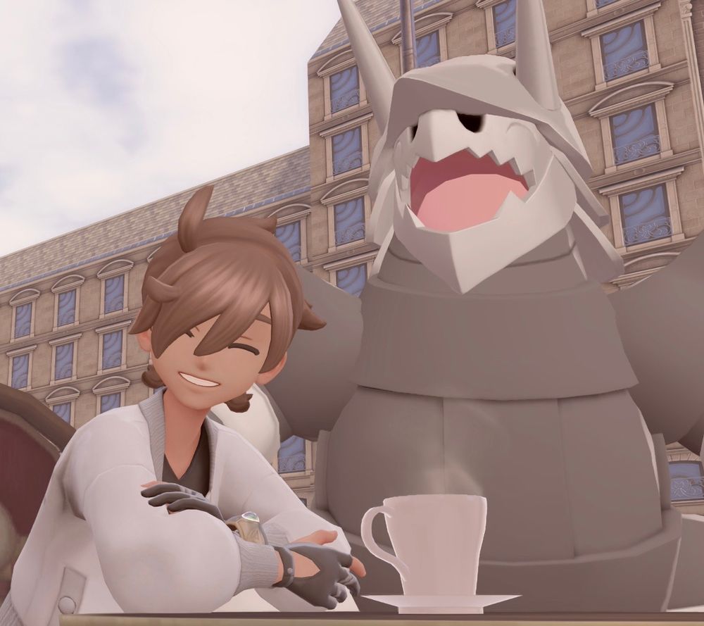 Screenshot from Pokémon Legends Z-A. Depicted with a warm camera filter is the main character and his Pokémon, Aggron, sitting at a café.  