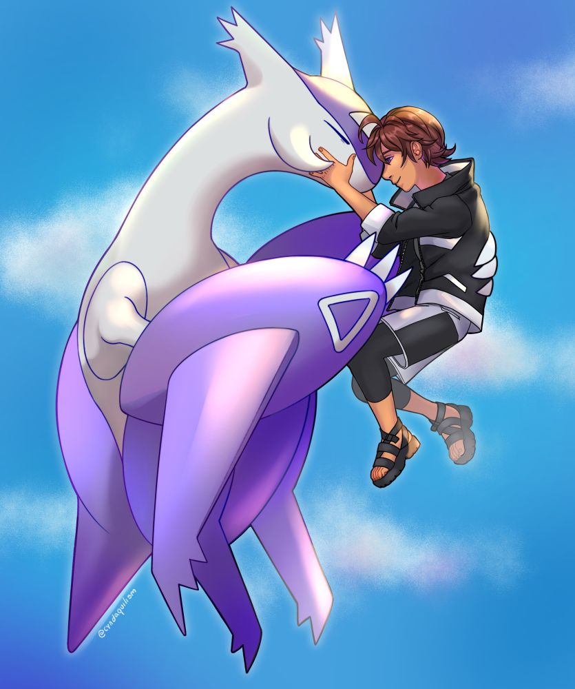 A Pokémon trainer wearing black and white clothes floats in the sky with his Mega Latios partner, a purple and white Pokémon with jet plane-like features. They touch foreheads while holding each other, as they are extremely close friends.