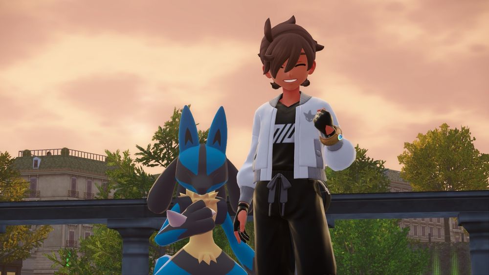 Pokémon Trainer Zephyrus with his Lucario on a semi-overcast evening. Screenshot from Pokémon Legends Z-A.