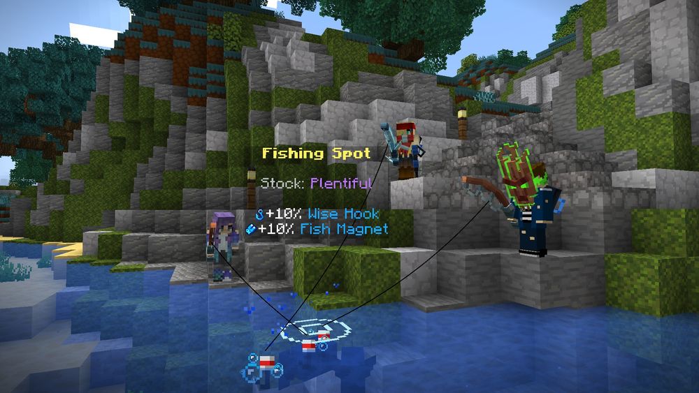 Three people in Minecraft stood on a rocky surface with their fishing rods cast into the ocean. Fishing spot has Plentiful stock!