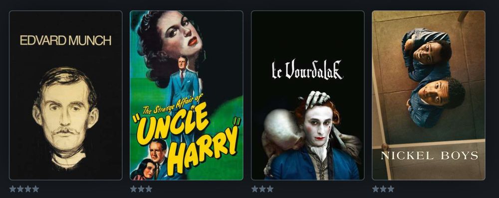 Four posters: Edvard Munch, The Strange Affair of Uncle Harry, Le Vourdalak, Nickel Boys