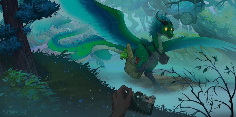 POV from cryptid hunter who stumbled upon a mysterious green dragon-like creature in a misty forest. The dragon is carrying a bag of groceries and an old camera box on them. They have a surprised expression.
