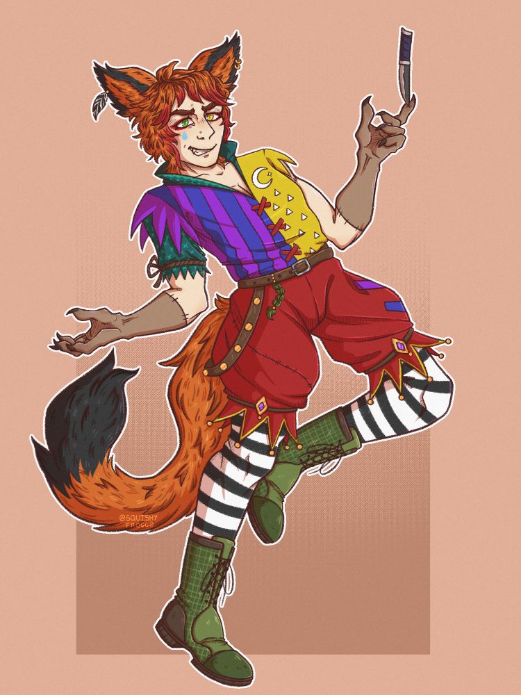 A fox/human jester like character with brightly coloured clothing and a knife balanced on one finger.