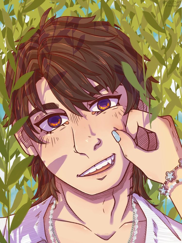 Caleb from Love and Deepspace having his cheek pinched while being surrounded by willow vines.