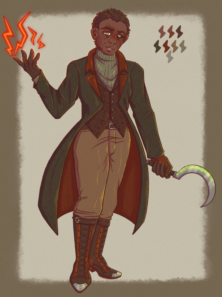 James Pave - A warlock/wizard/sorcerer

He is wearing a sage turtleneck, tan pants, a brown waistcoat, knee high boots with metal toe caps, a dark green coat and dark leather gloves. the only part of him he shows is his head/face which is covered in burn scars, his right eye being replaced as his patron's will. 

From one hand burst the beginning of an eldritch blast, held in the other a Sycle with glowing green runes etched into it.