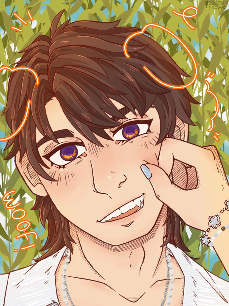 Caleb from Love and Deepspace having his cheek pinched while being surrounded by willow vines. Doodles of dog ears and other things are on and around him.