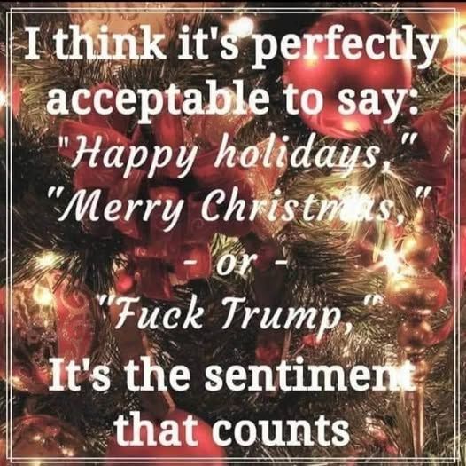 A meme: (Christmas tree in the background), "It's perfectly acceptable to  say "Merry Christmas" or "Fuck Trump". It's the sentiment that counts."