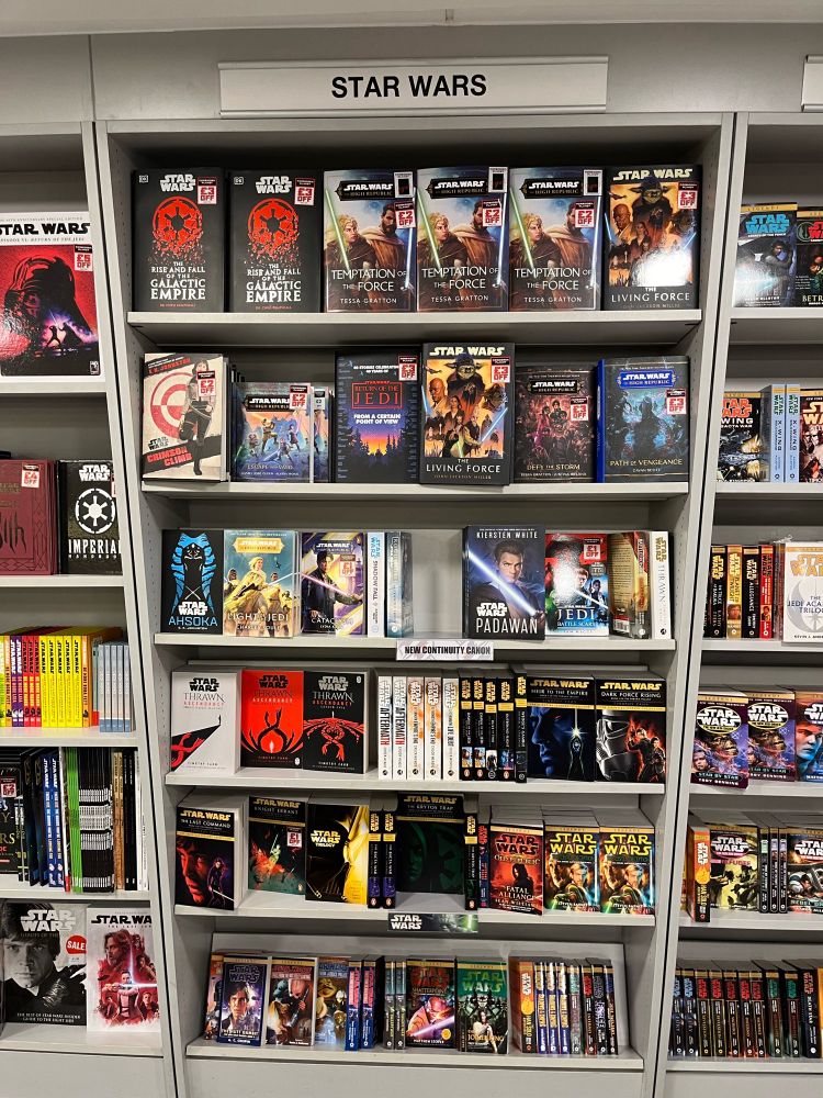 The book ‘The Rise and Fall of the Galactic Empire’ on a bookstore shelf with lots of other Star Wars books.