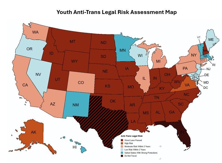 Youth Anti-Trans Legal Risk Assessment Map

Do not travel - TX and FL
Safest states - MN, VT, HI and MA
Low risk - OR, NV, WI, DC, MD, DE, NJ, RI and ME
Moderate risk - CA, WA, AZ, CO, IL, MI, PA, NY, CT
Every other state is under "worst laws passed" unless I missed on in the other categories