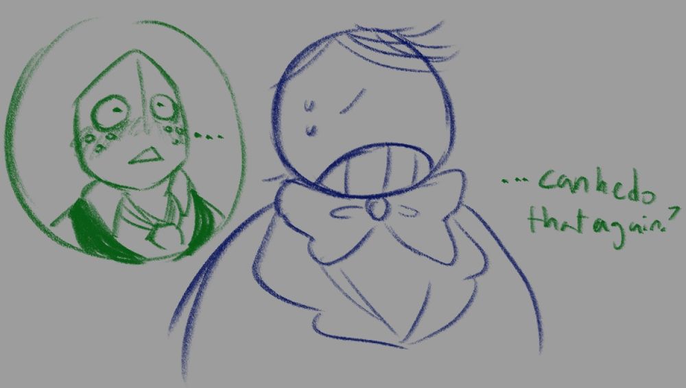 A continuation of the last drawing where it shows Small Mike after getting yelled at. The Mike suit shows a concerned look on his face, as Battat inside seems to be blushing with wide eyes as he thinks to himself "...can he do that again?"
