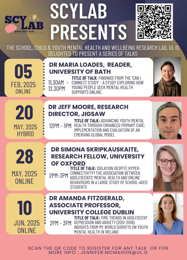 Poster outlining 4 talks for SCYlab. This weeks talk is Wednesday, May 28, 2:00–3:00pm online features Dr. Simona Skripkauskaite (University of Oxford)

Title of talk is “Isolation despite hyper-connectivity: Exploring the association between adolescent mental health and online behaviours”**

Register: https://www.eventbrite.com/e/1354935551709?aff=oddtdtcreator