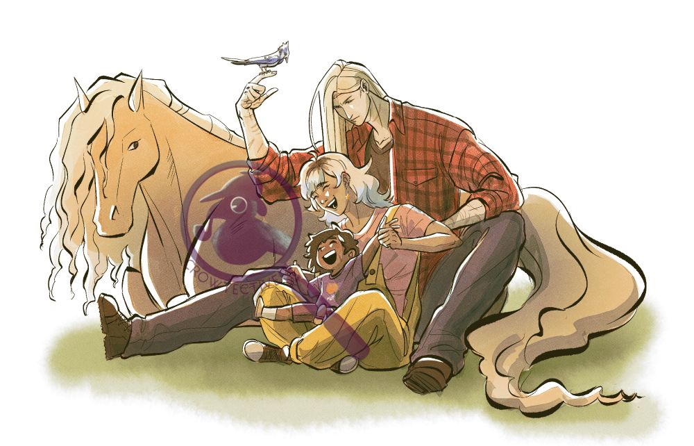 A warm watercolor-style illustration of original characters. It features a tall, blonde, scarred woman with long hair and a smaller person with bleached blonde hair and highlights, brown showing at the roots. There is a child with brown hair on the latter's lap, both sporting smiles as the former watches fondly. There is a horse lying down behind them, and a little bluejay perched on the tall, blonde woman's finger.