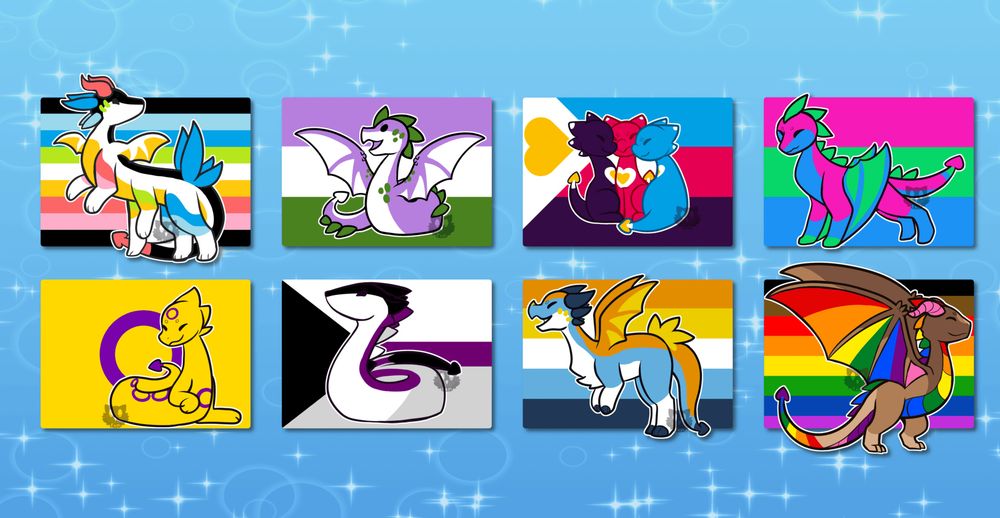 Dragon flags from left to right, top to bottom: Queer, Genderqueer, Poly, Polysex, Intersex, Demisexual, Arosexual Aromantic, Pride