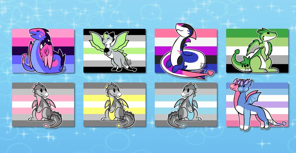 Dragon flags from left to right, top to bottom: Omnisexual, Agender, Genderfluid, Aromantic, Demigirl, Demigender, Demiboy, Bigender