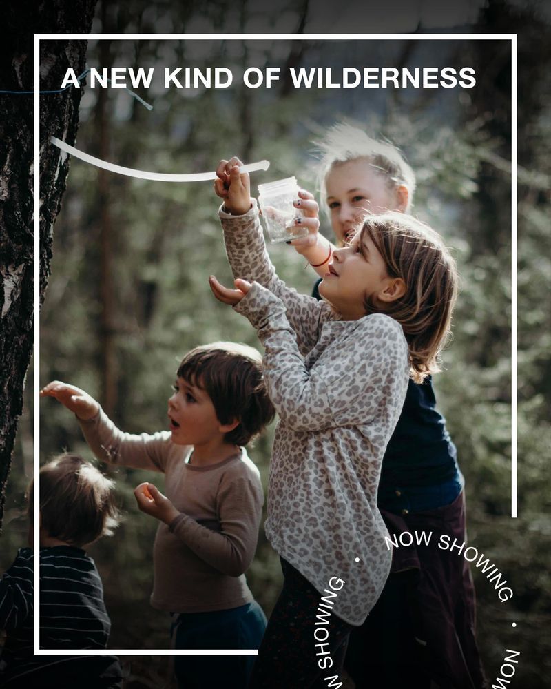 Three young children extract sap from a tree. text - A New Kind of Wilderness, Now Showing.
