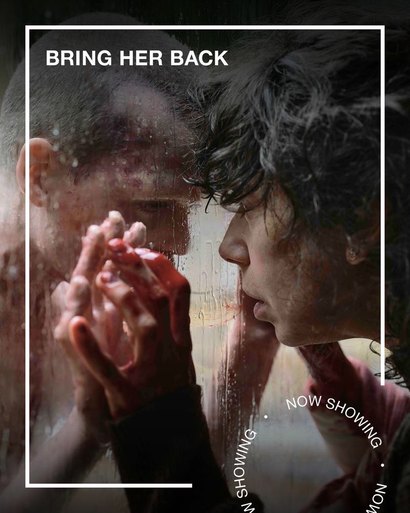 A woman looks at a child with a bald head through a window. Text - Bring Her Back, Now Showing.