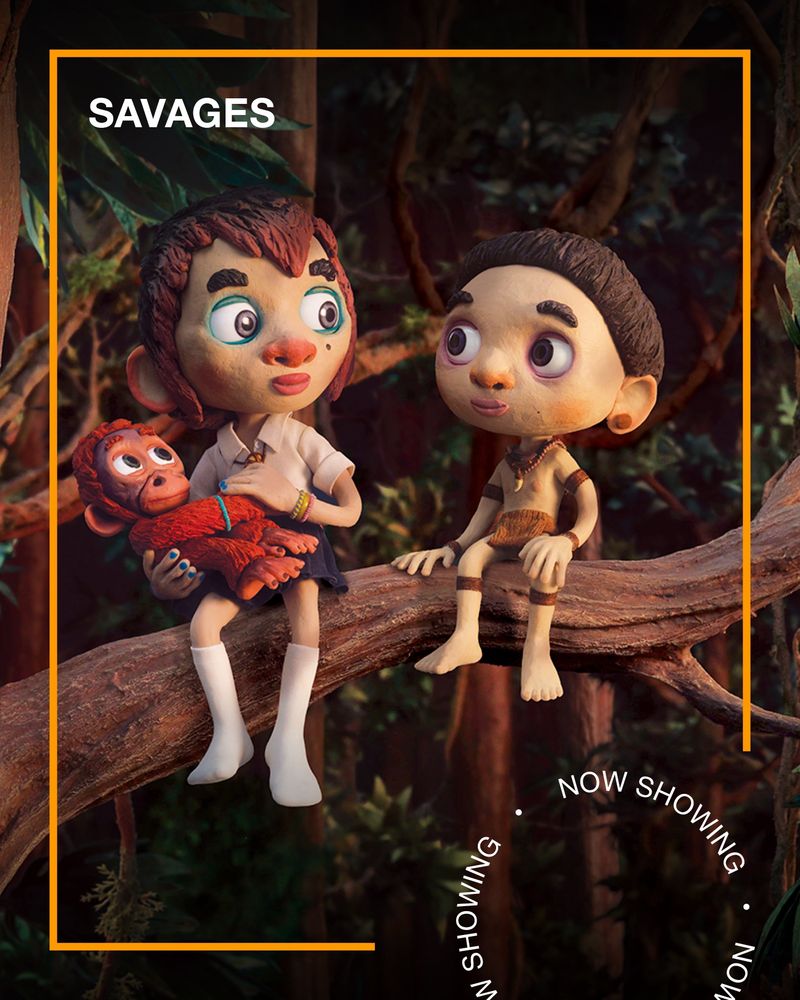 Two claymation children sit on a branch with a monkey in their arm 