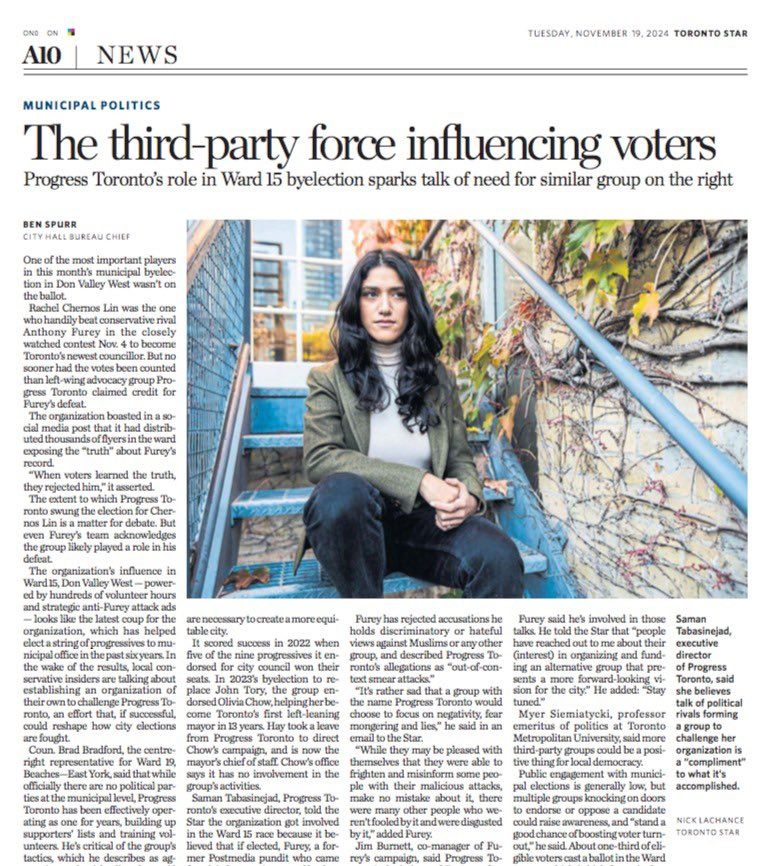 Progress Toronto in the paper. Image of Progress Toronto’s executive director sitting on a stairs outside with vines on the wall.